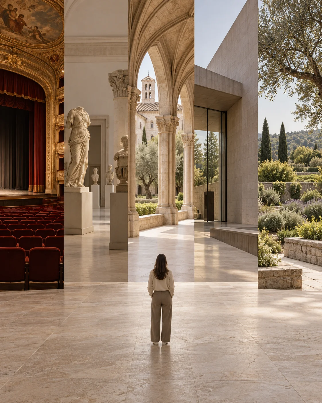 Person facing a composition of theatre, museum, heritage, contemporary architecture and cultural landscape.